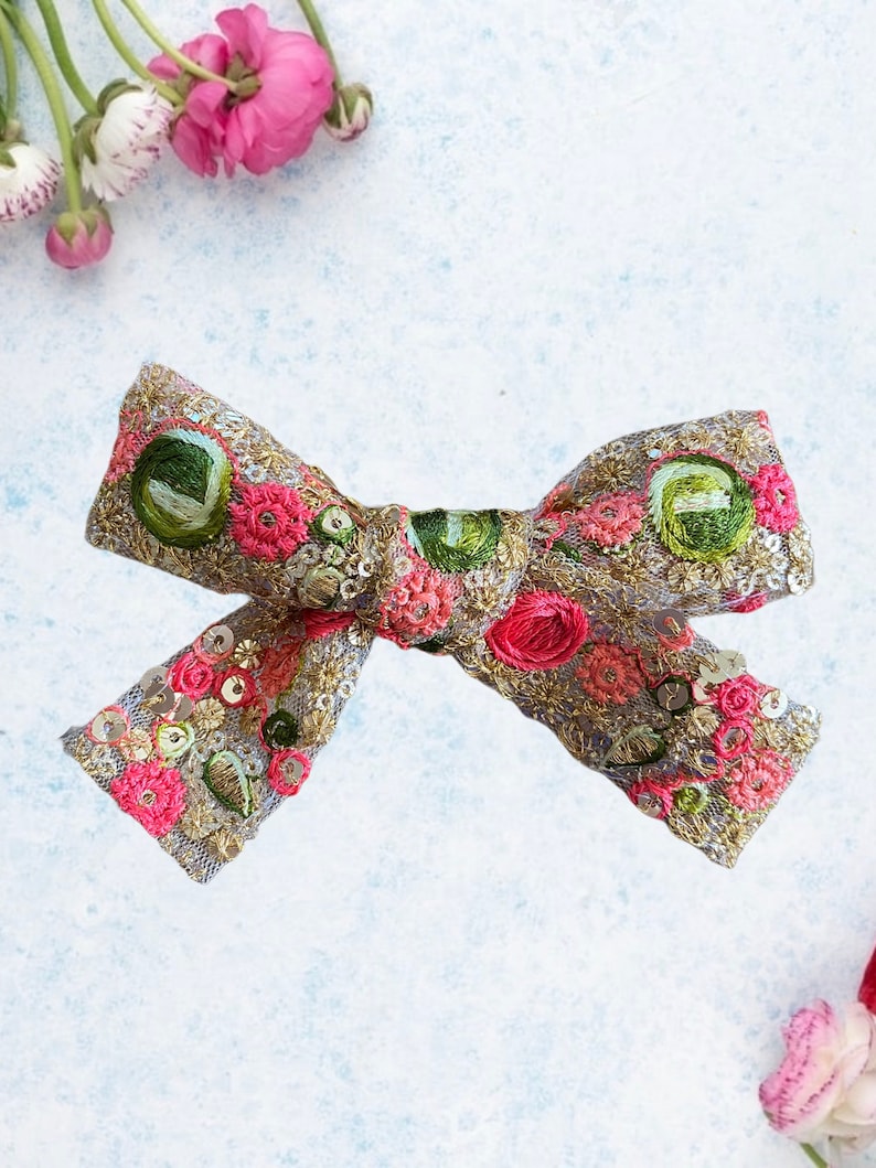 Embroidered Baby Gifts Floral Hair Clip Embroidered Bows Floral Embroidered Bow Flower Hair Clip Embroidered Hair Clip