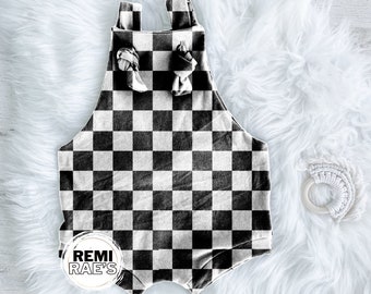 Checkered Overalls, Checkered Spaghetti Strap Overalls, Checkered Romper, Checkered Bummies, Black and White Shorts, Checkered Lounge Tee