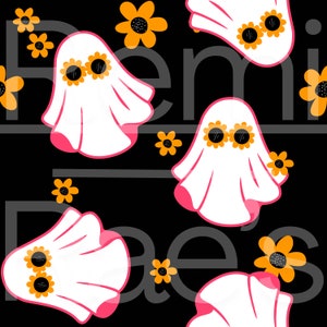 Puede incluir: Un patrón sin costuras que presenta fantasmas blancos con acentos rosados y gafas de sol de girasol naranja sobre un fondo negro. Los fantasmas están rodeados de girasoles amarillos.