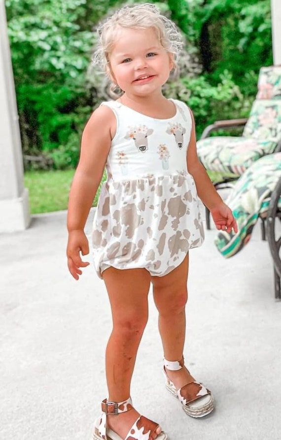 Cow Bubble Romper, Floral Cow Print Outfit