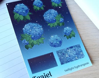Twilight Hydrangea Sticker Sheet: Dreamy Floral Journal Stickers