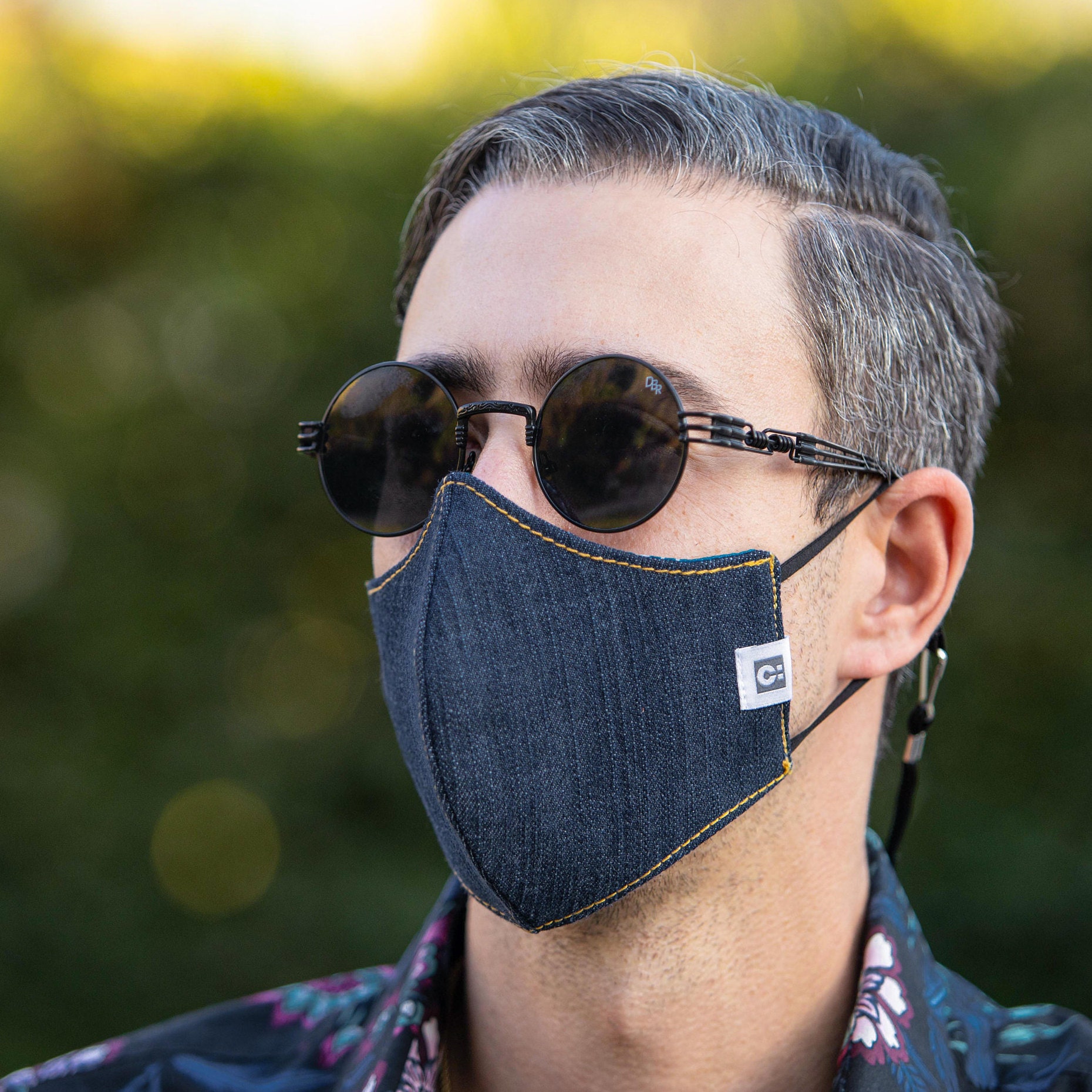 Comfortable Face Mask with Black Bandana and Blue Denim, Reversible, Gold Stitching, Adjustable Black Elastic Ear Loops, 100% Cotton