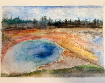 Yellowstone Spring Watercolor Painting; ORIGINAL WATERCOLOR PAINTING, Wonder of the World Painting, Watercolor Art