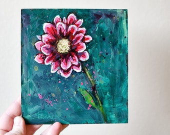 Original 6x6 Flower Painting; Pink Daisy; Turquoise Background; Acrylic on Board; Ready To Ship; Splatters