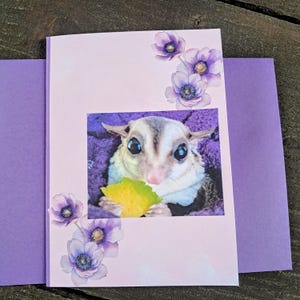 Schattige Sugar Glider-wenskaart paarse bloemen Blanco kaart
