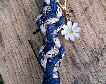 Handmade Navy Blue and Light Camo Twisted Paracord Bag Charm or Keychain, Silver Heart Clasp with White Daisy Charm