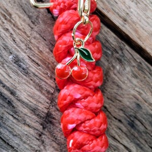 Red Paracord Keychain, Bag Charm, Cherry charm,gold colored clasp, handmade
