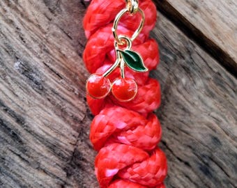 Red Paracord Keychain, Bag Charm, Cherry charm,gold colored clasp, handmade