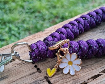 Handmade Purple Paracord Bag Charm or Keychain Wristlet, Daisy and Yellow Heart Charm