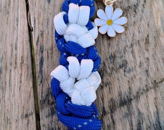 Blue White Paracord Paw Print Keychain, Daisy Charm, Silver Clasp