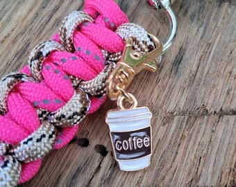 Handmade Hot Pink and Light Camo Paracord Bag Charm or Keychain, Silver Clasp and Coffee Cup Charm
