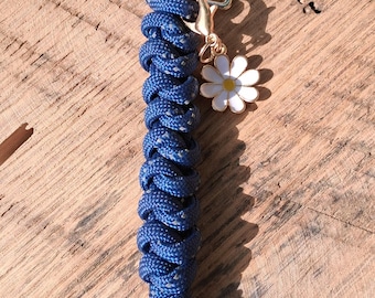 Dark Blue Paracord Bag Charm with Silver Clasp and White Daisy Flower Detail