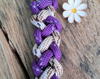 Handmade Purple and Light Camo Paracord Bag Charm or Keychain with a White Daisy Charm
