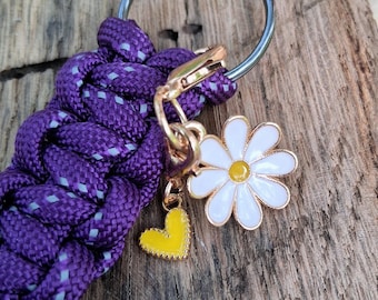 Handmade Purple Paracord Keychain, with White Daisy and Yellow Heart Charm
