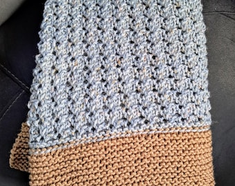 Hand-Knitted Baby Blanket, Teal and Gold, Baby Shower Gift