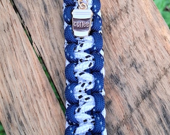 Handmade Paracord Keychain: Blue, White, Black Specks with Coffee Cup Charm