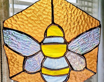 Stained Glass Amber Bee, Suncatcher, Handmade, Window Decor, New