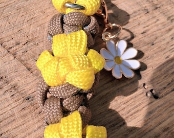Handmade Paracord Paw Print Keychain with Daisy Charm, Yellow Brown Bag Accessory