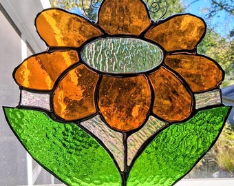 Handmade Stained Glass Amber Colored Flower Suncatcher Window Decor