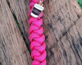 Hot Pink Paracord Keychain with Silver Heart Clasp and Coffee Charm