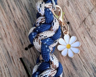 Handmade Blue and Light Camo Paracord Bag Charm or Keychain with White Daisy Charm