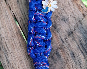 Handmade Blue with Red specks paracord bag charm, keychain Daisy and Blue Heart Charms