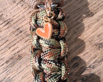 Handmade Paracord Paw Print Keychain, Camo Brown, Orange Heart Charm