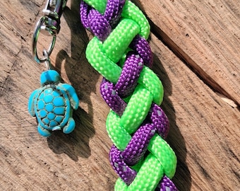 Handmade Purple and Lime Green paracord bag charm or keychain, Silver Heart Clasp, Turtle Charm