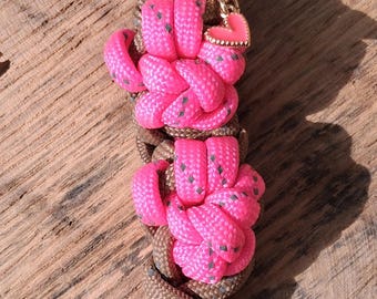 Handmade Paracord Paw Print Keychain, Pink Brown Heart Charm Bag Accessory