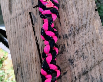 Handmade Twisted Paracord Bag Charm Keychain: Hot Pink, Black, Silver Heart Clasp
