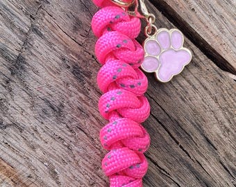 Hot Pink Paracord Keychain, Bag charm, Rose Gold Heart Clasp, Pink Paw Print Charm
