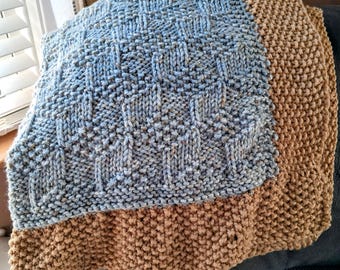 Teal and Gold Baby Blanket, handmade knitted blanket, baby shower gift