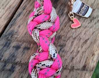 Handmade Twisted Hot Pink Paracord Bag Charm or Keychain, Coffee and Pink Heart charms, Silver HeartClasp