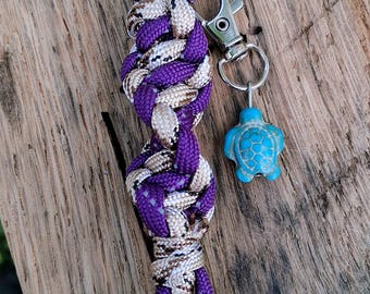 Handmade Purple and Light Camo Paracord Keychain or Bag Charm, Turquoise Turtle Charm