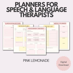 Puede incluir: Un conjunto de páginas de planificador tituladas Planners for Speech & Language Therapists, que incluyen secciones para Supervision Record, Session Plan, Assessment Tracker, To Do List y Weekly Planner con acentos y texto en rosa y amarillo.