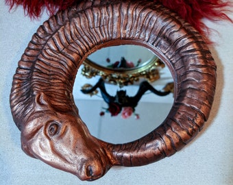 Hand sculpted antique ram goat horn scrying brass and gold mirror frame, ornate shadow box