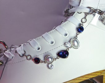 Strap Chain Spikes -  Silver blue stone pearl and diamond chain - Harness Charm- Roller skate accessories: sold individually or pair