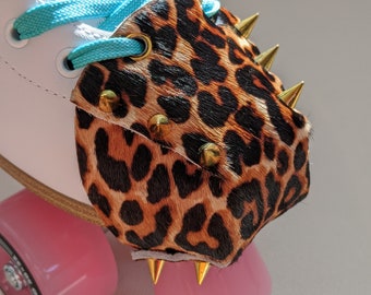 Real leather REINFORCED Roller Skates Toe cap cover guard- Hair on Cow Hide, Leopard Print - Spikes Gold