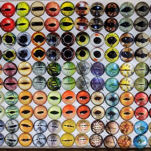 May include: A collection of 90 glass eye cabochons in various colors and patterns. The eyes feature a black pupil and a range of iris colors, including red, yellow, green, blue, and brown. The cabochons are arranged in a grid pattern.