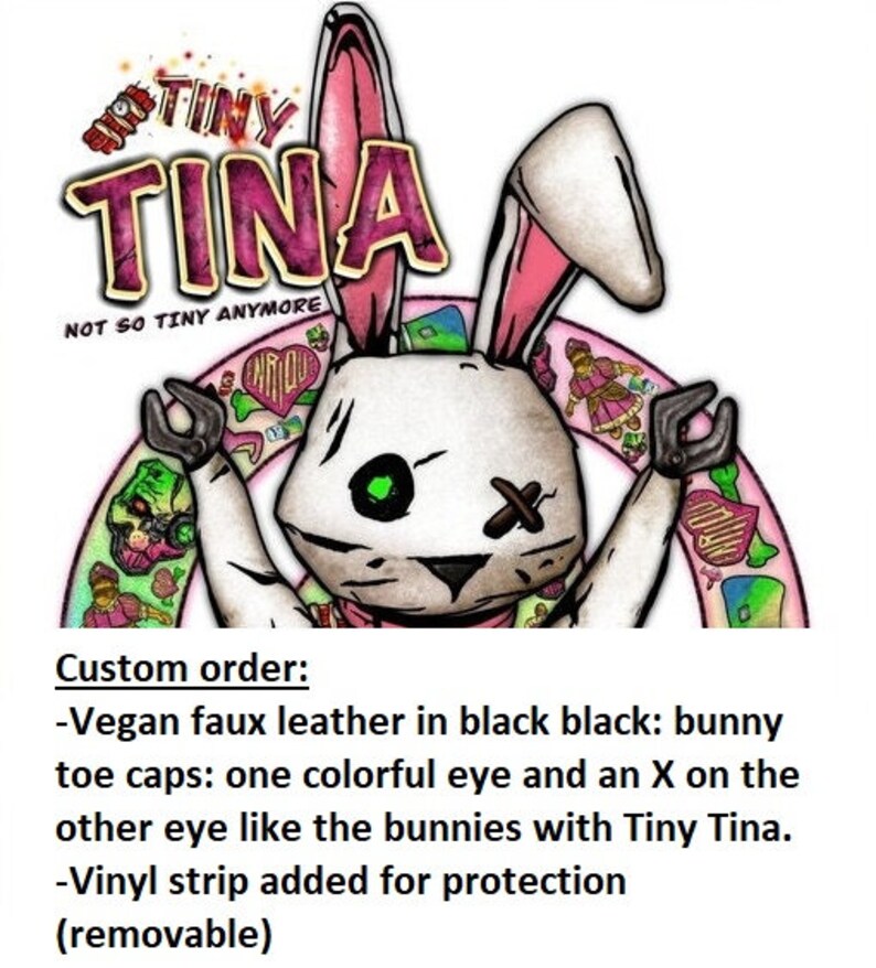 May include: Illustration of a white bunny with pink-lined ears, a green eye, and an X on the other eye. The bunny has black hands and is surrounded by a pink arch with tattoos. The text "TINY TINA" is above the bunny.