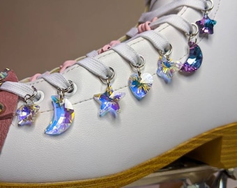 NEW STYLES Roller Skate shoe lace accessories diamond Glass Crystal shiny: Star, Moon, Seashell, Heart, Butterfly, Mermaid shoelace Charm