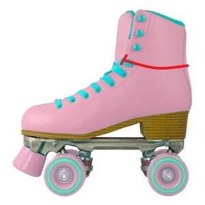 May include: Pink roller skates with turquoise laces and wheels. The skates have a wooden platform and a pink boot with a turquoise trim.