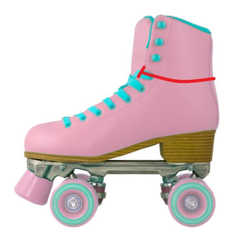 May include: Pink roller skates with turquoise laces and wheels. The skates have a wooden platform and a pink boot with a turquoise trim.