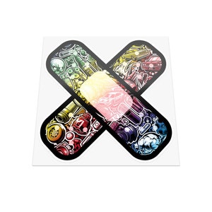 May include: A colourful sticker with a rainbow gradient design. The sticker is shaped like a plaster and is filled with various cartoon images of cars, tools, and other objects.
