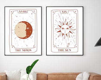 2er Set Tarot Kartendrucke, Witchy Wall Art, Celestial Wall Art, Tarot Wall Poster, Tarot Art Prints, Sonne und Mond