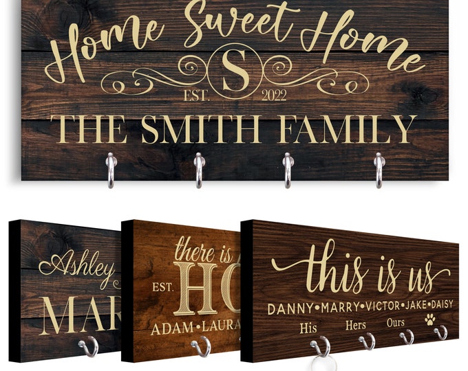 Personalized Key Holder for Wall - Custom Key Hanger with Family Name | 6 Designs, 2 Background Options | House Warming Presents New Home