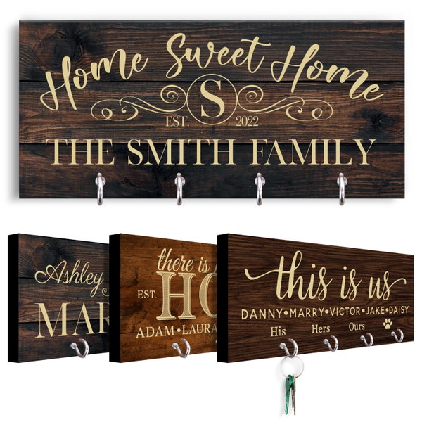 Personalized Key Holder for Wall - Custom Key Hanger with Family Name | 6 Designs, 2 Background Options | House Warming Presents New Home