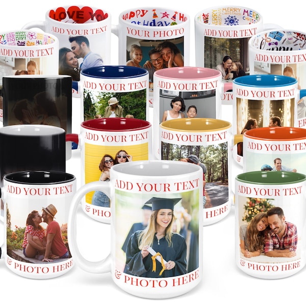 Custom Photo Coffee Mug, 11 - 15 oz. Personalized Mug w/ Picture, Text, Name - Personalized Gifts, Taza Personalizadas