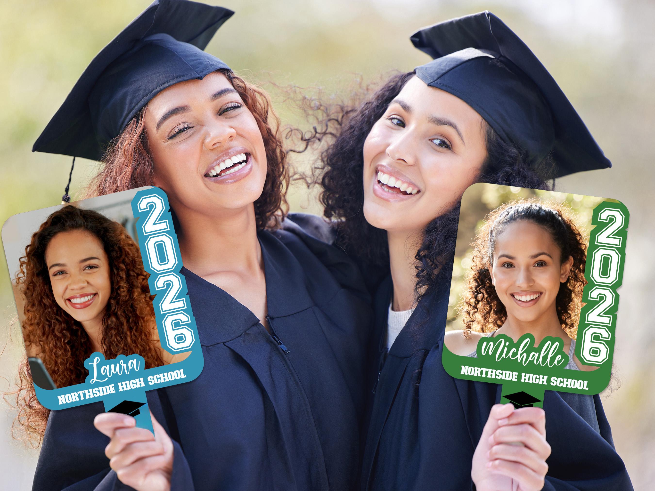 Grad Face Sticks Custom Grad Face Fans With Handles, 14 Color Options - Class of 2026 ...