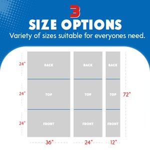May include: Diagram showing three different sizes of a product, with dimensions labeled in inches. The largest size is 36 inches wide by 72 inches tall, the medium size is 24 inches wide by 72 inches tall, and the smallest size is 12 inches wide by 72 inches tall.